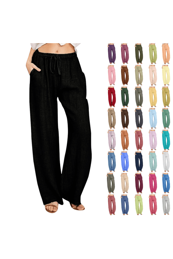 Womens Cotton Linen Pants Drawstring Waist Straight Leg Lounge Pants for Women Solid Color Slacks with Pockets Sizes S-4XL