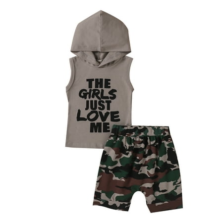

Binpure Boy’s Summer Fashion Letter Hooded Vest and Camouflage Short Pants