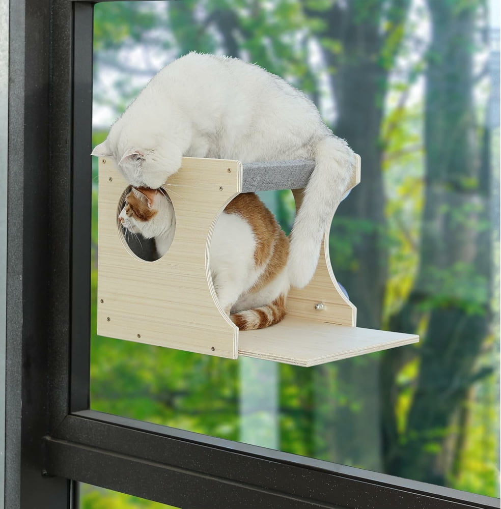 MIDOQIN Window Cat Perch, Sturdy Wood Cat Window Hammock with Heavy Duty Suction Cups, Cat Bed for Overlooking & Sleeping (Left)