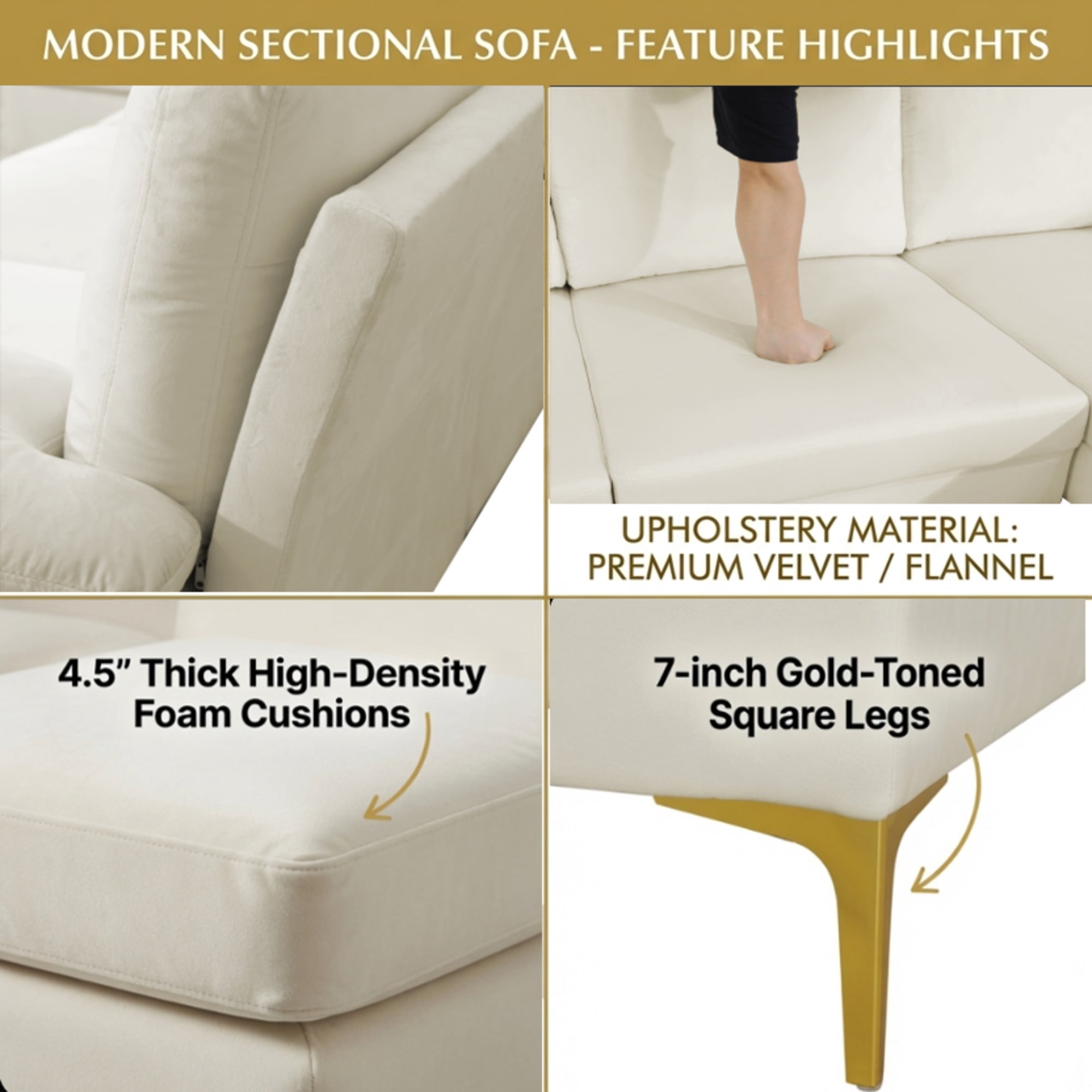 Howcool 99.5" U-Shaped Sectional Sofa with Double Chaise,4-Seater Couch with Gold Legs for Living Room,Cream White