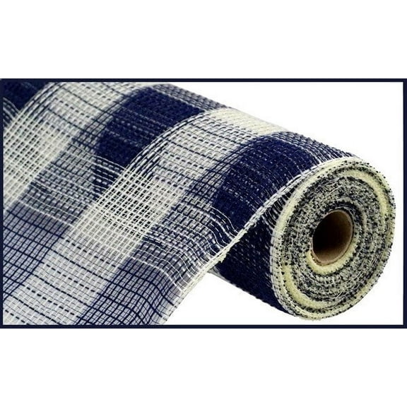 Faux Jute & Large Check Deco Mesh, 10.5 Inch x 10 Yards (Navy, Cream)