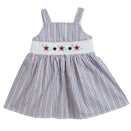 - Good Lad Toddler thru 4/6X Girls Red,White, and Blue Seersucker Smocked Sundress with July 4th Embroideries