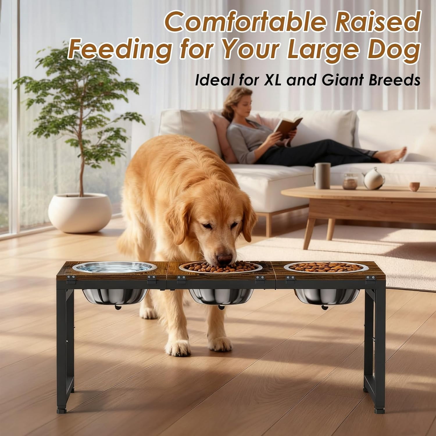 Flymer Adjustable Elevated Dog Bowls Stand for Large Dogs - 15'' to 20.5'' Height Triple Bowl Feeder with Wood Trays & Bowls (3500ML Capacity)