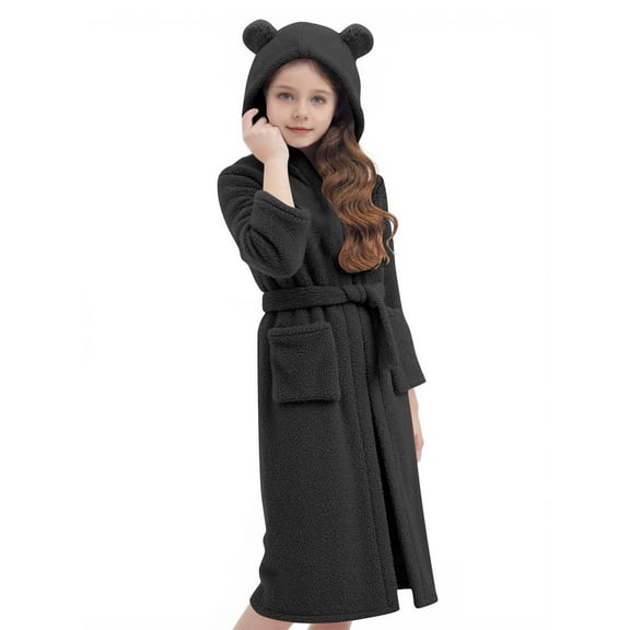 Kids Hooded Bathrobe Girls Soft Fleece Hooded Flannel Pajamas Sleepwear Boys Spa Robe