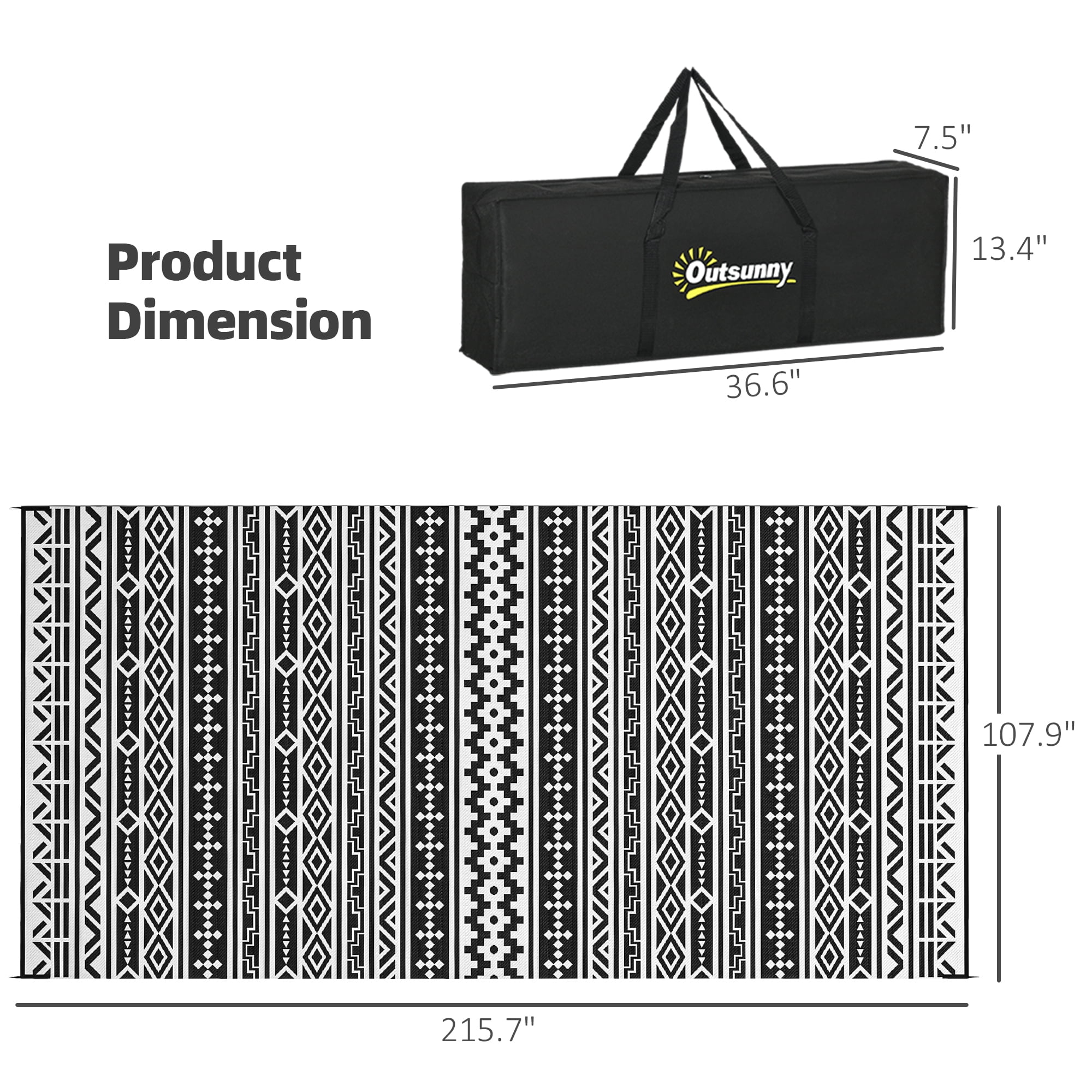 Outsunny Outdoor Patio Rug, Large Camping Carpet with Carrying Bag, 9' x 18' Waterproof Plastic Straw, Reversible, Black & White Geometric Wall