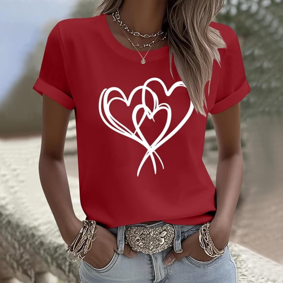 mihongmao Valentines Day Top for Women Heart Print Short Sleeve Round Neck Top T-Shirt Red 3X