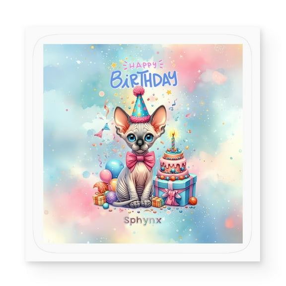 Happy Birthday Cute Kitten Sphynx with Cake Gifts Party Hat Vinyl Sticker Cat Lover Kitten Owner Gifts Idea Waterproof Decal Art Decor - 00029