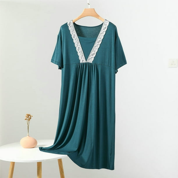 Camisón largo para mujer, informal y moderno, de color liso, con cuello redondo grande