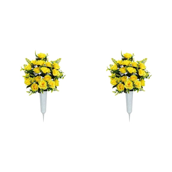 Artificial Cemetery Flowers for Grave, Realistic UV Resistant Memorial Day Silk Rose Flower with Vase, Cemetery Decorations for Outdoor Honoring Loved Ones