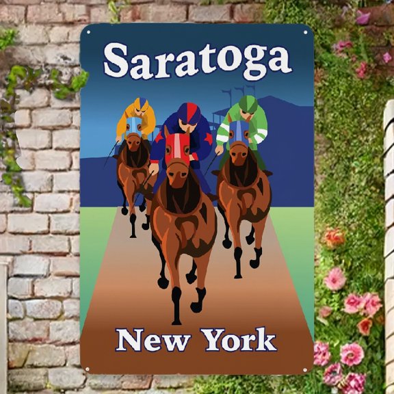 Saratoga NY Horse Racing Metal Sign 8x12 Inch For Outdoor Equestrian House Yard Decoration Retro Metal Sign , Home