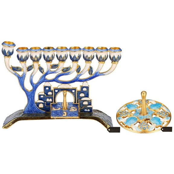 Matashi Hand Painted Blue Enamel Menorah Candelabra w/ Jerusalem City Design & Pomegranate Spinning Dreidel Holiday Ornaments (Pewter) with Gold Accents and Crystals Hanukkah Gift Jewish Decor