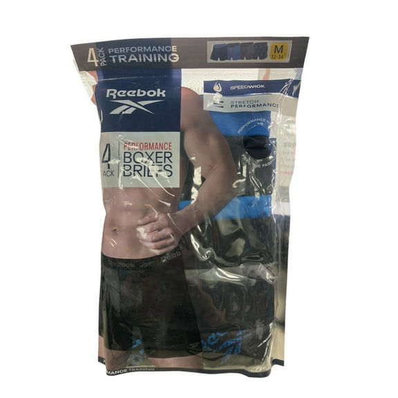 Reebok Men's Speedwick Stretch Performance Boxer Brief, 4 Pack (Black/Blue/Grey, M (32-34))