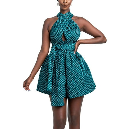 

Avamo Women Sexy V-Neck African Rompers Jumpsuit Floral Dashiki Ankara Boho Beach Short Sleeveless African Playsuit
