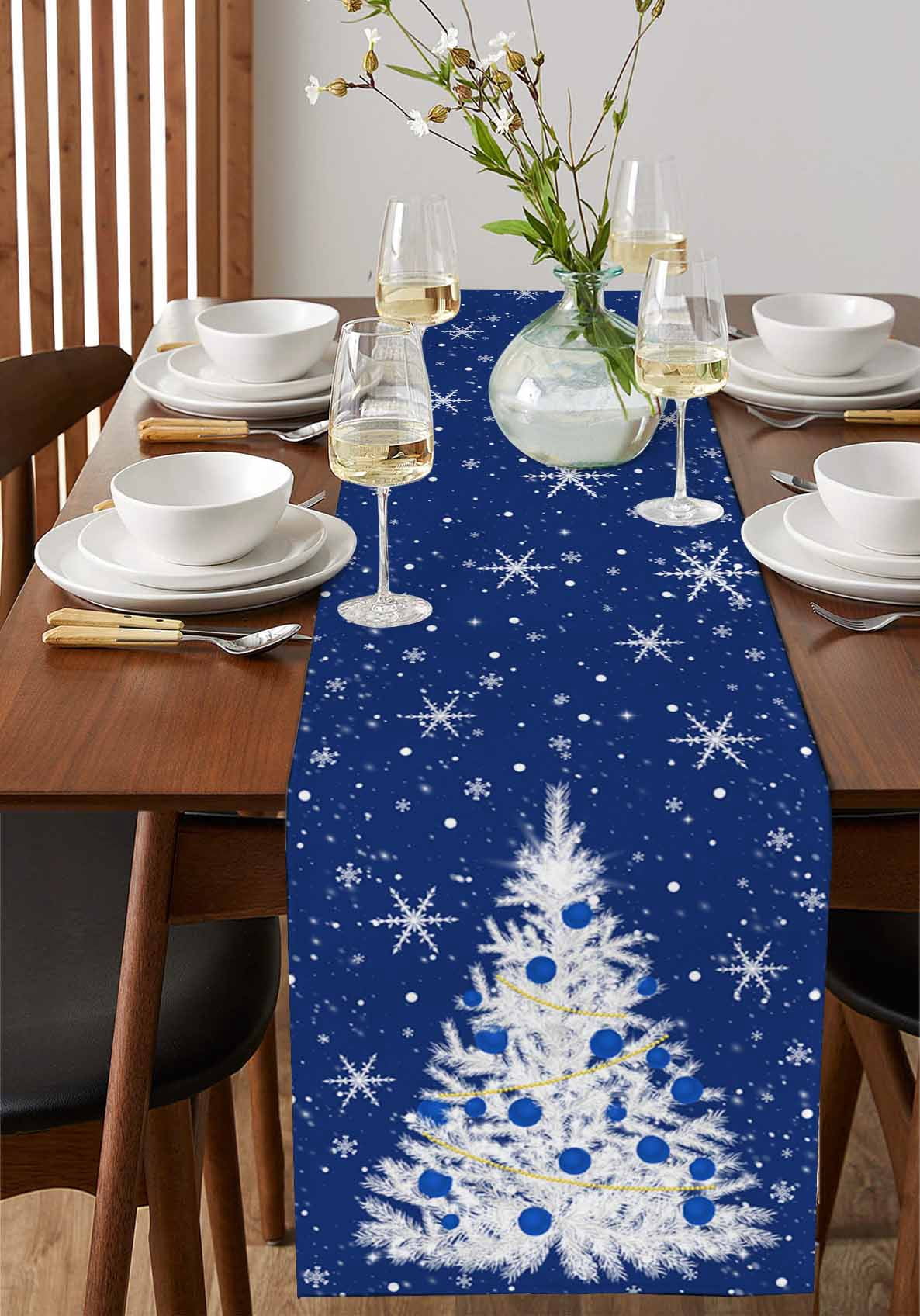 Ldtrchee Navy Blue Christmas Tree Table Runner 70 Inches, Balls Snowflake Xmas Tree Bed Runner Dresser Scarves Tabletop for Indoor Outdoor Parties/Ceremony/Banquet, 13" x 70"