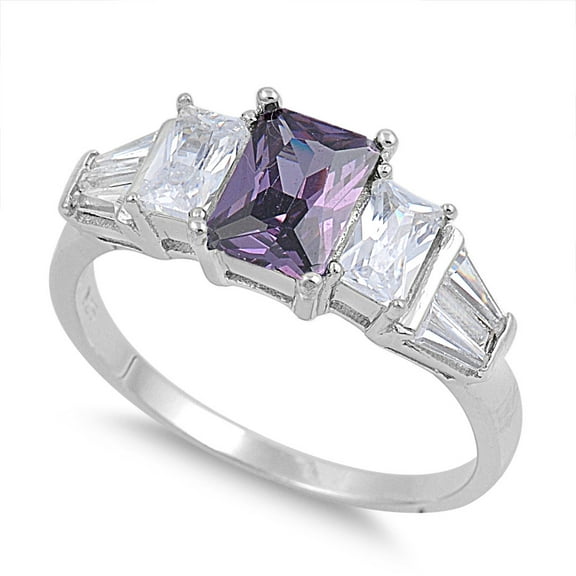 Three Stones Princess Center Simulated Amethyst Cubic Zirconia Ring Sterling Silver 925