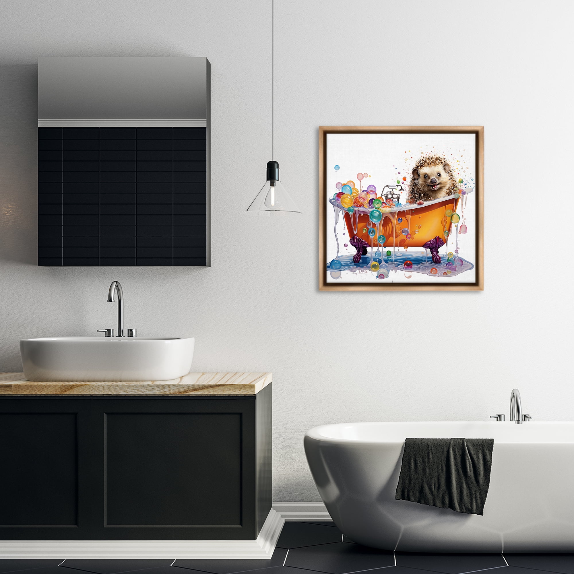 Stupell Industries Happy Hedgehog Bubble Bath Bath & Laundry Painting Brown Floater Framed Canvas Art Print Wall Art, 25 x 25