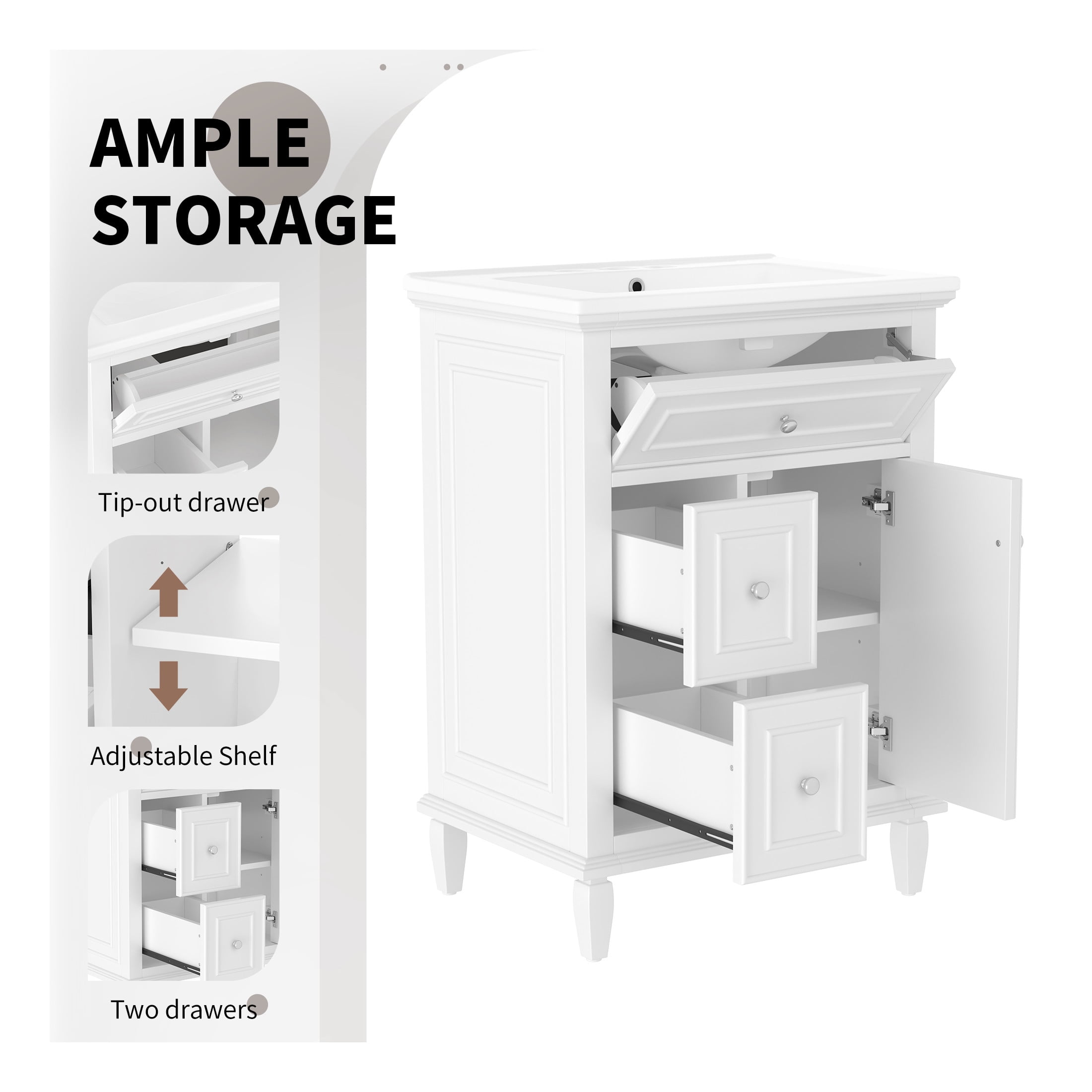 GDF Studio 24" Bathroom Vanity with Sink, Open-Back for Plumbing, Cabinet with Drawers and Adjustable Shelf, White