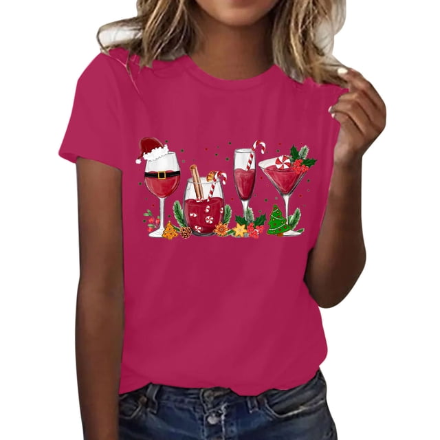 Gibobby Camisa navideña mujer Moda para mujer para tops casuales Camiseta de manga corta con cuello redondo Camiseta holgada con estampado navideño(Rosa caliente,CH)