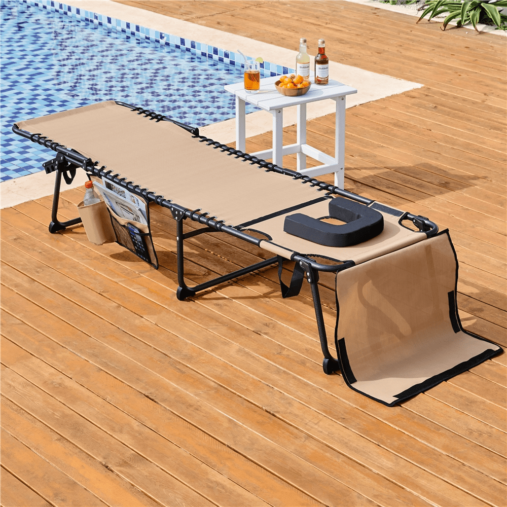 Renwick Outdoor Folding Adjustable Tanning Chair with Face Hole, Beige