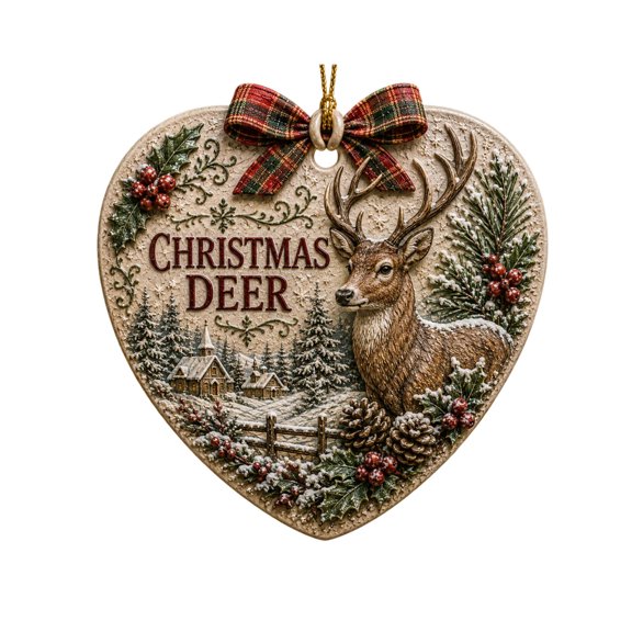 Vintage Heart‑Shaped Christmas Tree Ornament,Plastic Forest Deer—2 Printed Hanging Decor With Plaid Bow Detail,Winter Wildlife Themed Holiday Accessory For Xmas Tree Wreath Mantel Display.