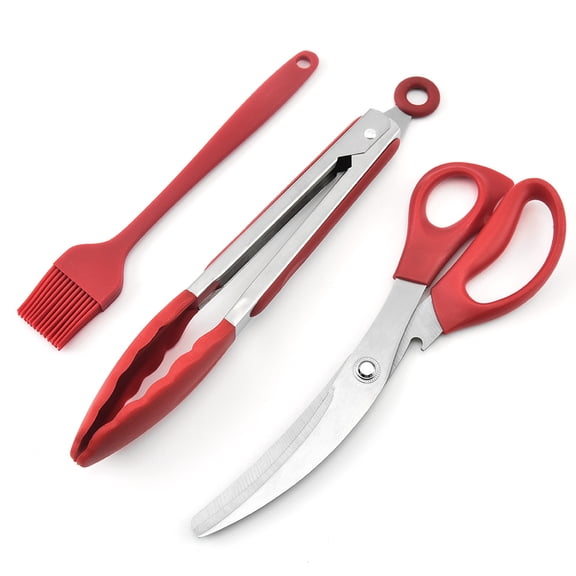 3PCS Barbecue Tool Sets - Tongs for Cooking, Kitchen Shears, Oil Brush, Multifunctional Outdoor BBQ Grill Roast Portable Cooking Baking Tool Food Clips BBQ Shears Oil Brushes, Red