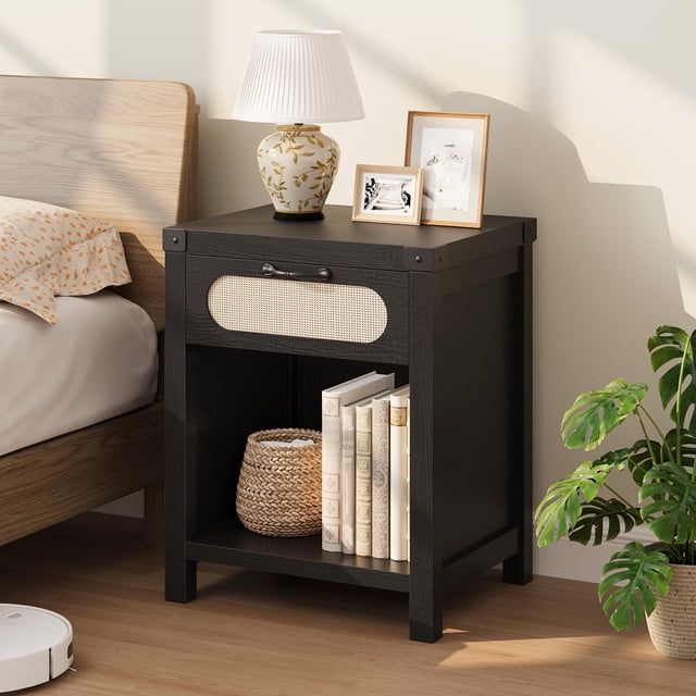 EDTara Rattan Night Stand, Boho Bedside Table With Drawer and Open Shelf, Farmhouse End Table Perfect for Enhancing Bedroom or Living Room Spaces
