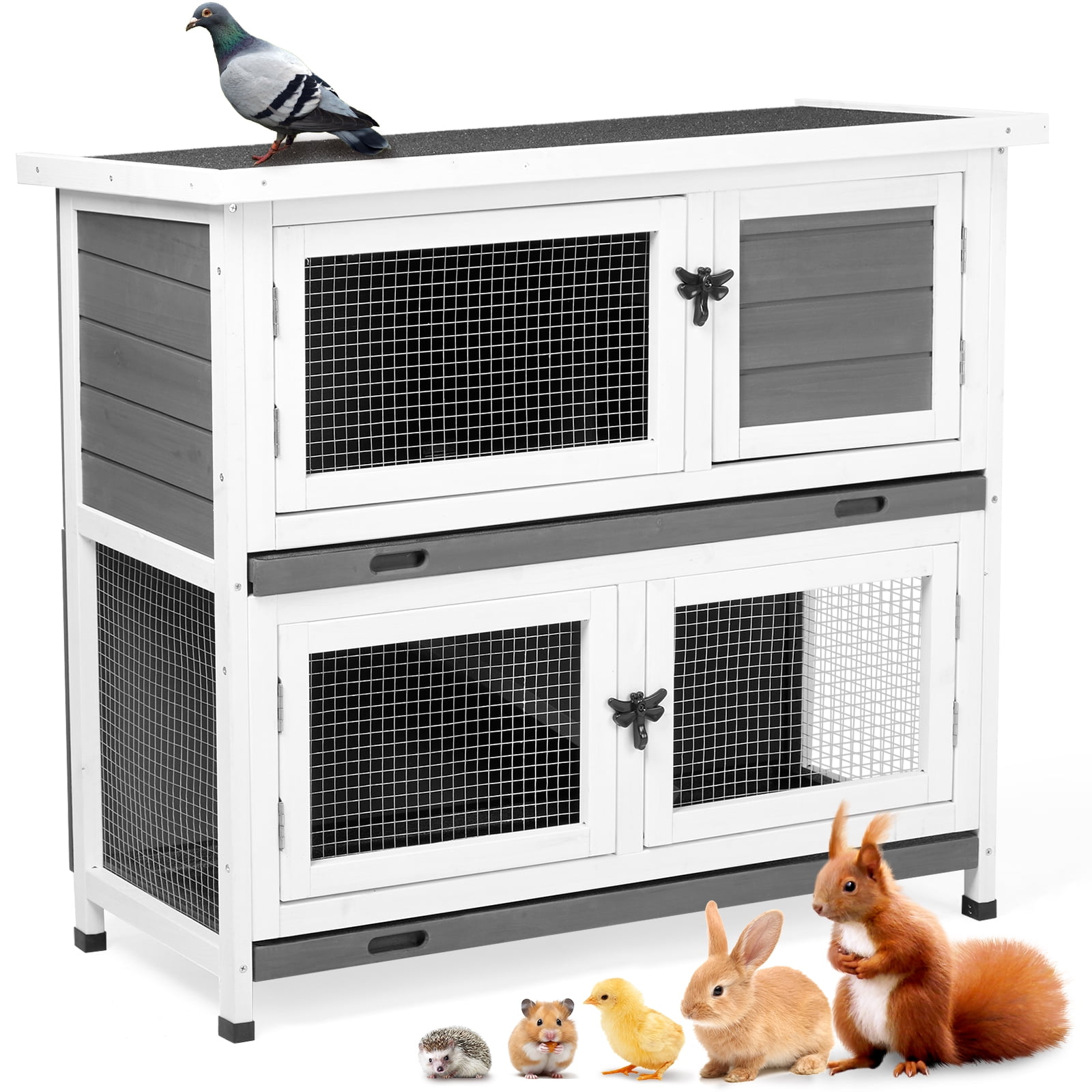 2‑Story Solid Fir Wood Rabbit Hutch, Indoor Outdoor Small Animal Cage with 2 Removable Pull‑Out Trays, Waterproof Asphalt Roof for Rabbit Bunny Guinea Pig, Grey