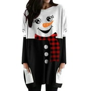 FEIWO Women's Christmas Snowman Print T-Shirts Long Sleeve Round Neck Pockets Pullover Jumper Tops Xmas Casual Baggy Tunic Blouse Size S-3XL