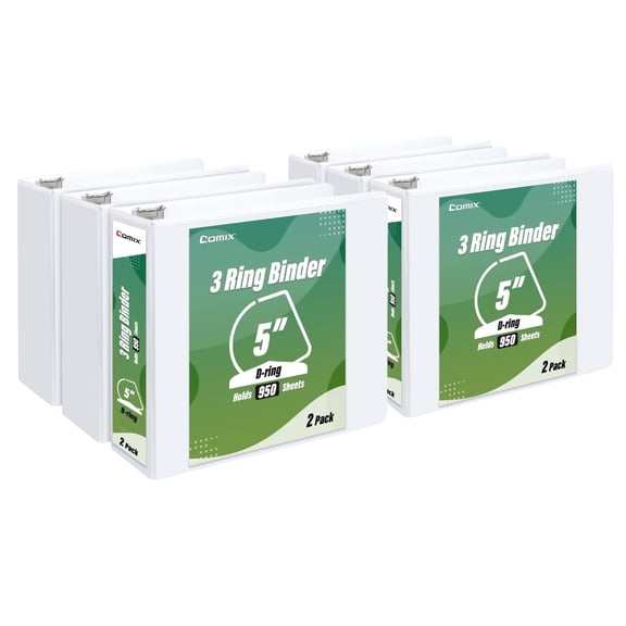 Comix Heavy-duty 5 Inch 3 Ring Binder with Clear Cover,  D Ring, 950 Sheets Capacity, Office School Supplies, 6-Pack White