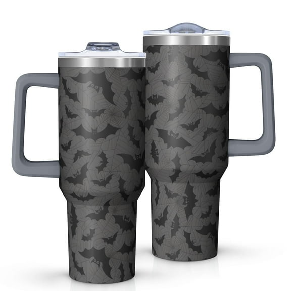 Gray Halloween Bats and Spider Webs Tumbler with Handle and Lid,40oz Double Wall Vacuum Insulated Tumbler,Cups Gift for Women and Men