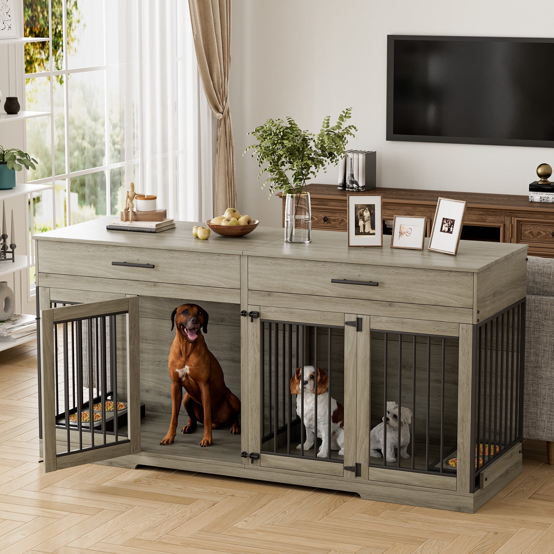 WIILAYOK 72.05" Dog Crate Furniture, Wooden Dog Kennel with 2 Drawers and 4 Dog Bowls, Heavy Duty Indoor Furniture Style Dog Cage House(Grey)