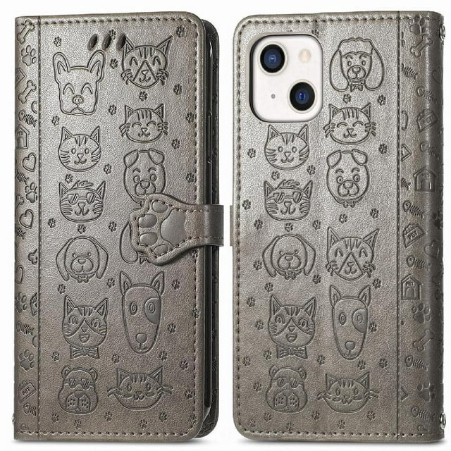 Funda Cartera FOXDOCK para iPhone 13 Mini , Flip PU con Relieve de Gatos y Perros, Tarjetero y Soporte