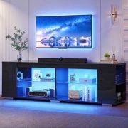 Pinmoco LED TV Stand for TVs up to 80, Gaming Entertainment Center with Side Bookshelf and 4 Open Shelves, Black