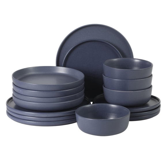 Gibson Elite Bayou Moon Plates and Bowls Sets, 16-Piece Blue Matte Stoneware Dinnerware Sets, Solid Color Reactive Glaze Dish Set
