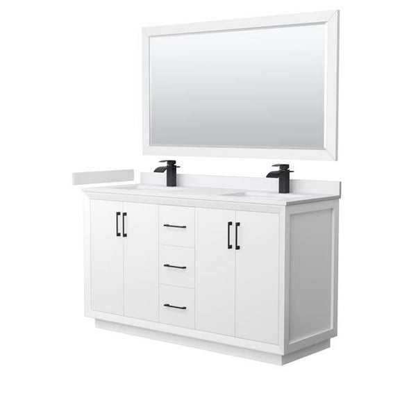 60 in. Strada Double Bathroom Vanity, White, White Cultured Marble Countertop, Undermount Square Sink & Matte Black Trim - 58 in. Mirror