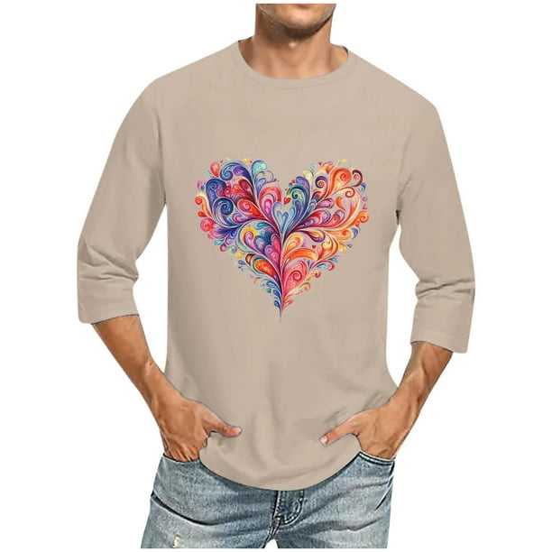 Camisas de Manga Larga para los Hombres Día de San Valentín Impresión Cuello Redondo Moda Casual, Mezcla de Poliéster de Lino de Algodón para Primavera Verano
