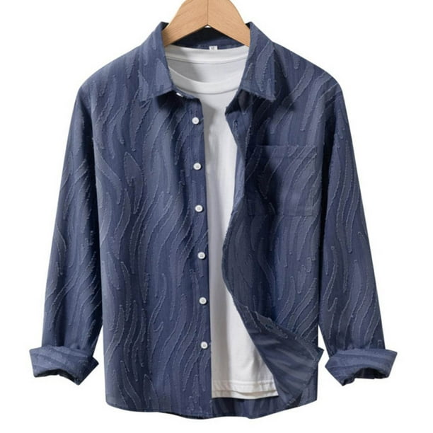 Blusa y camisa de manga larga con cuello vuelto para hombre, color liso, informal, a la moda, con bolsillos, solapa, manga larga, botones, cárdigan, abrigo, blusa de poliéster para hombre