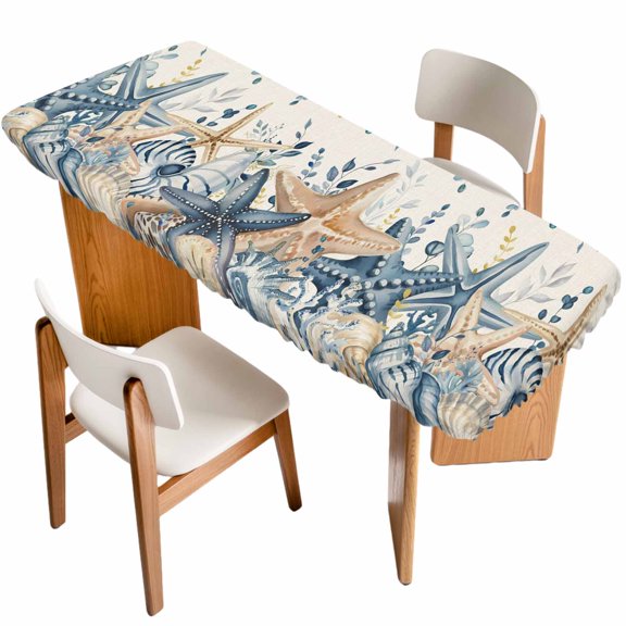 Blue Eucalyptus Coastal Table Cloths for 8 Foot Rectangle Tables, Beach Starfish Shell Nautical Rustic Patio Waterproof Elastic Fitted Tablecloths, Washable Rectangular Table Cover for Camping