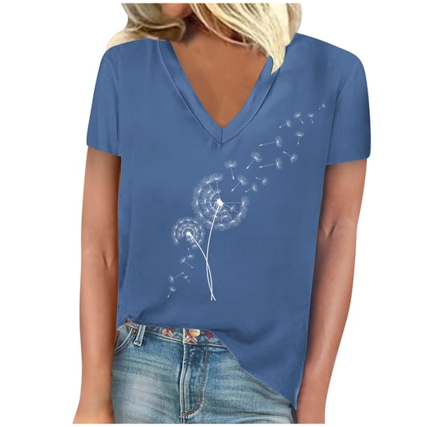 Camisetas de Manga Corta para las Mujeres, Impresión de Cuello en V Camiseta Casual Top Hecho de 95% Poliéster 5% Spandex para el Uso Diario de Primavera Verano, Camisetas para las Mujeres Casual