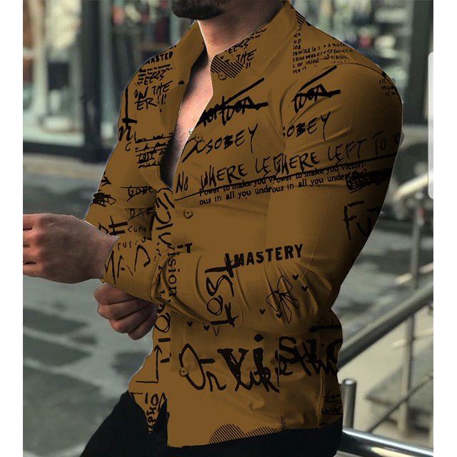Camisa de hombre con patrón de letra, solapa, blanca, roja, azul, marrón, verde, impresa en 3D, para exteriores, calle, manga larga, estampada, diseño de moda
