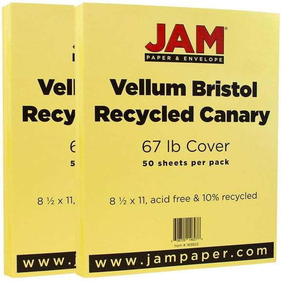 JAM Paper Vellum Bristol, 8 1/2 x 11, Canary Yellow, 67lb, 100 per Pack