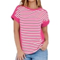 thumbnail image 1 of Olyvenn T-Shirts pour Femmes à Rayures Col Rond Manches Courtes Décontractés pour l'Entraînement Blouses Amples Rose Vif TG, 1 of 9
