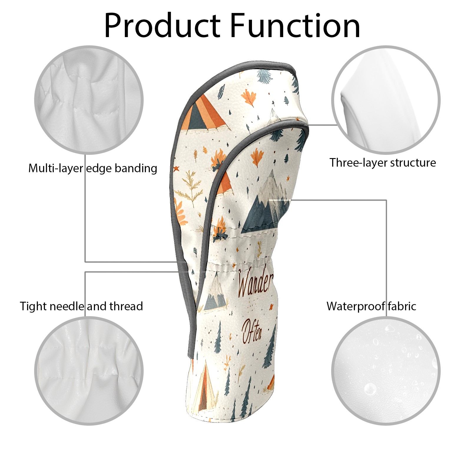 Golf Club Covers, Beige Camping Wander Premium PU Leather Driver Hybrid Putter Head Covers with Velvet Lining, Waterproof Golf Gifts for Men Women