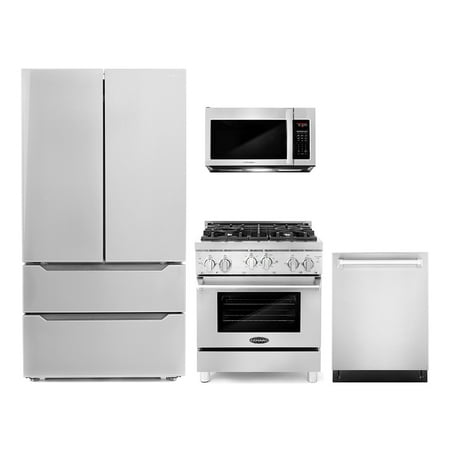 Cosmo 4 Piece Kitchen Appliance Packages with 30  Over The Range Microwave 30  Freestanding Gas Range 24  Built-in Integrated Dishwasher & French Door Refrigerator Kitchen Appliance Bundles