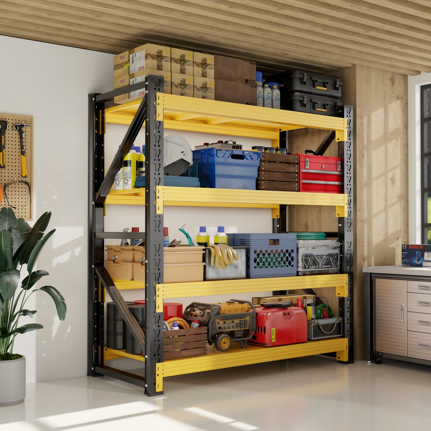Welfiya 59"Wide Garage Shelving Unit,3500LBS Heavy Duty Storage Shelves,4-Tier Metal Industrial Shelving,Adjustable Standing Shelf for Warehouse,Basement,Workshop,59.1"W x 23.6"D x 78.7"H,Black&Yello