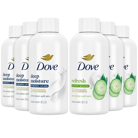 Dove Body Wash Travel Size Variety 6-Pack – Refresh Cucumber & Green Tea   Deep Moisture, 24H Renewing Moisture for Soft Skin, 3 Oz Ea