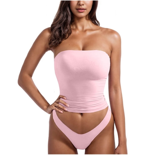 Camisola de color liso sin tirantes para mujer, parte trasera hermosa, corta, tipo integrado, sin tirantes, conjunto de ropa interior, top de nailon para mujer