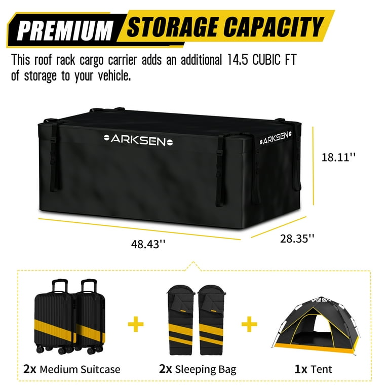 Arksen Extra Wide 14.5 Cubic Feet Rooftop Cargo Carrier Bag Waterproof Heavy Duty Car Roof Rack Bag For Full Size Cars 4 Door Hook Straps 8