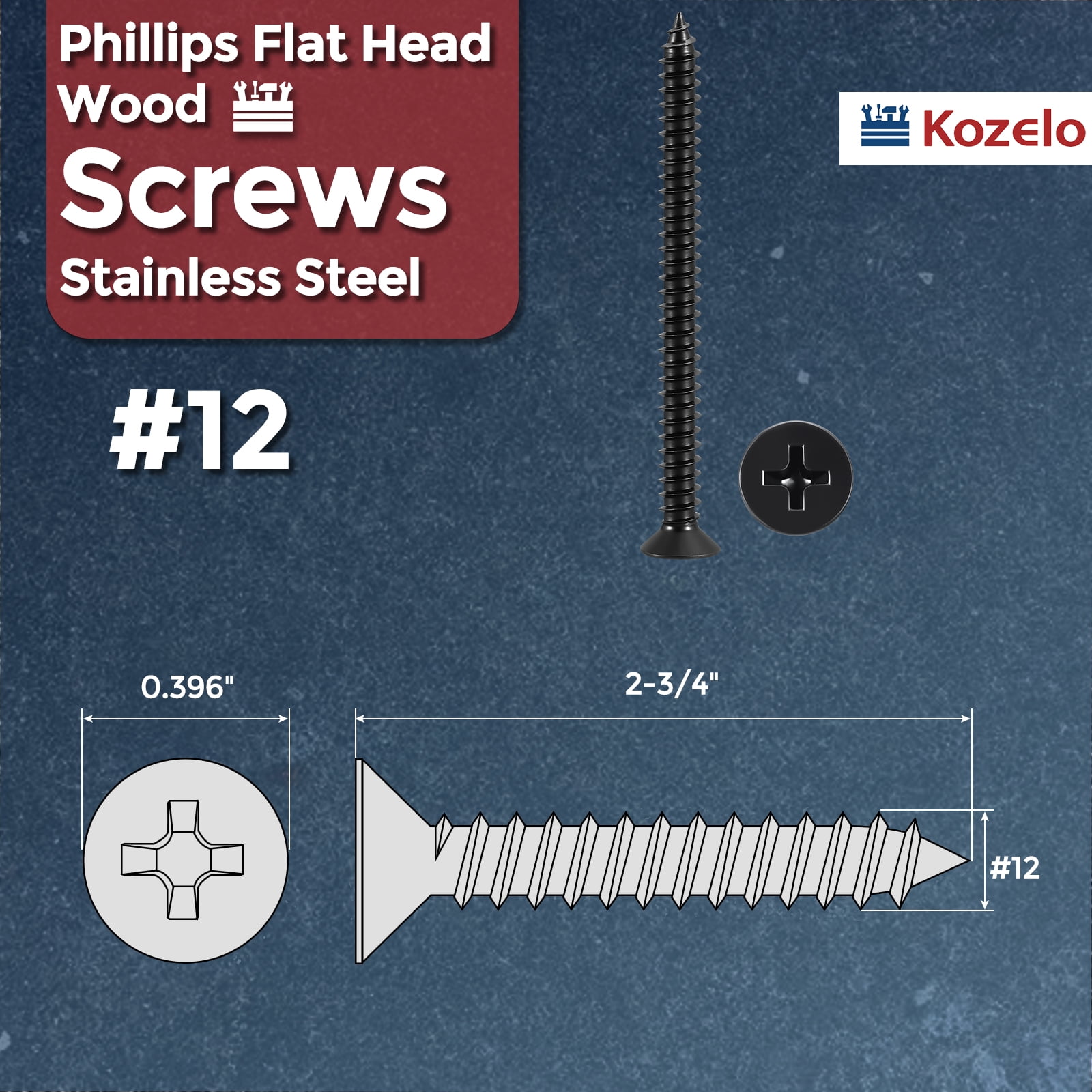 100pcs Phillips Flat Head Wood Screws - [#12x2-3/4"] 304 Stainless Steel Countersunk Self Tapping Screws for Furniture Assembly, Interior Trim, Outdoor Construction, Black
