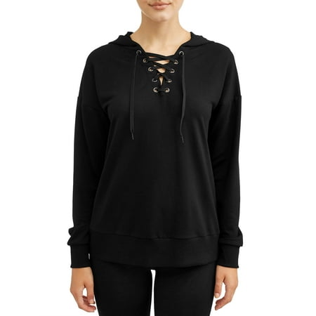 - Women's Athleisure Lace Up French Terry Pullover Hoodie